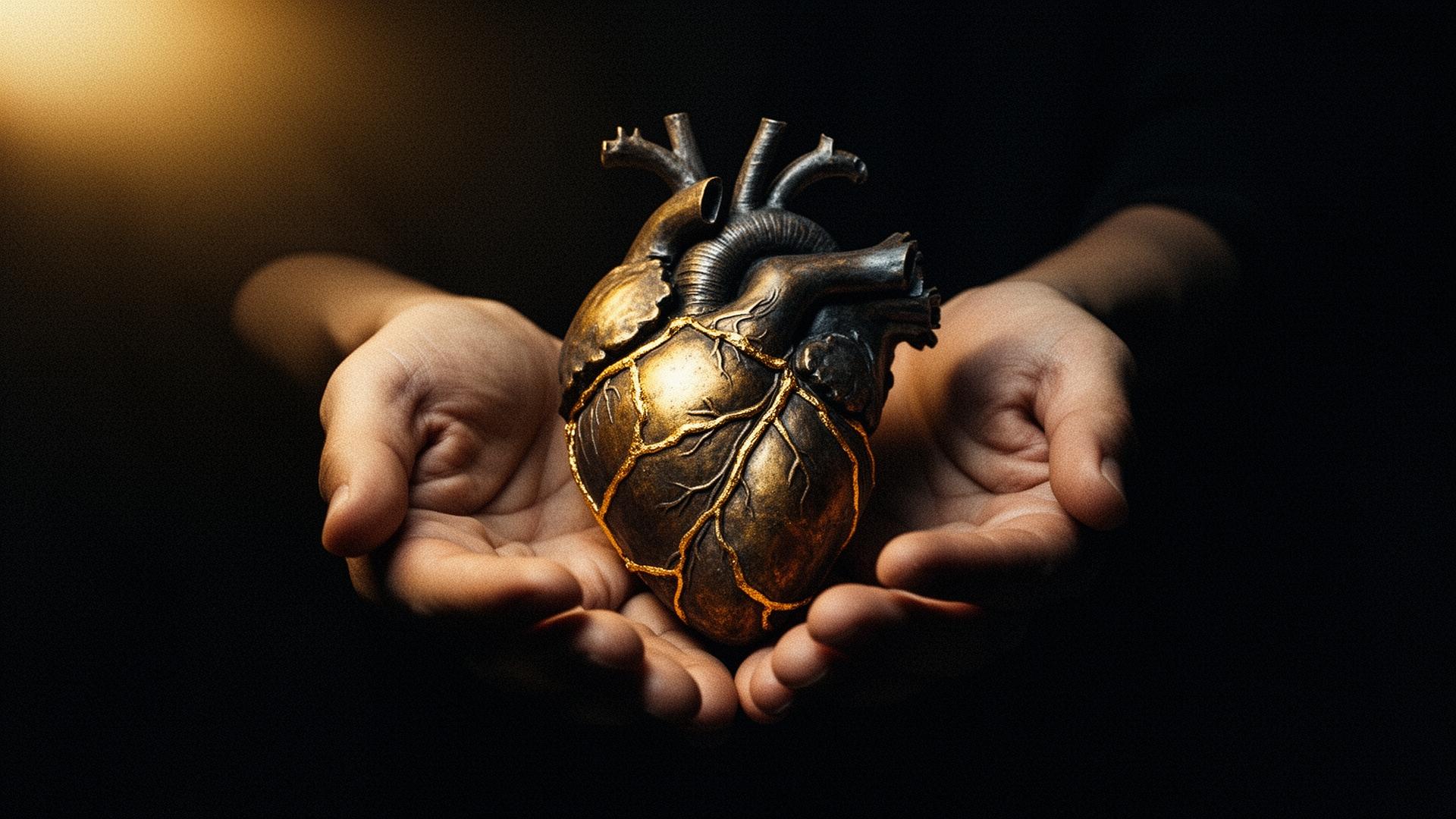 Hands holding a kintsugi heart in warm cinematic light
